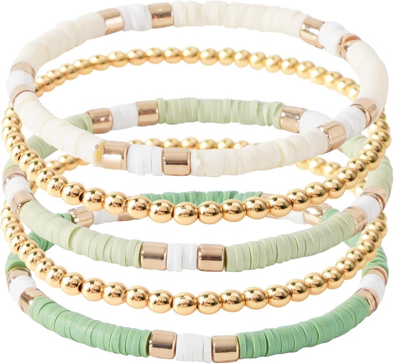 GOOJIDS Surfer Heishi Clay Bead Bracelets for Women Bohemian Stackable Gold Plated Beaded Stretch Bracelets Elastic Layering Friendship Bracelets Set Boho Jewelry - Image 1